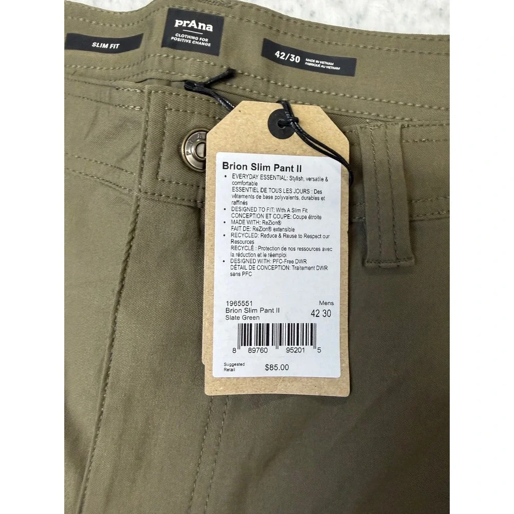 Prana Brion‎ Slim Pant II Slate Green Mens 42x30 ReZion Recycled Nylon 1965551